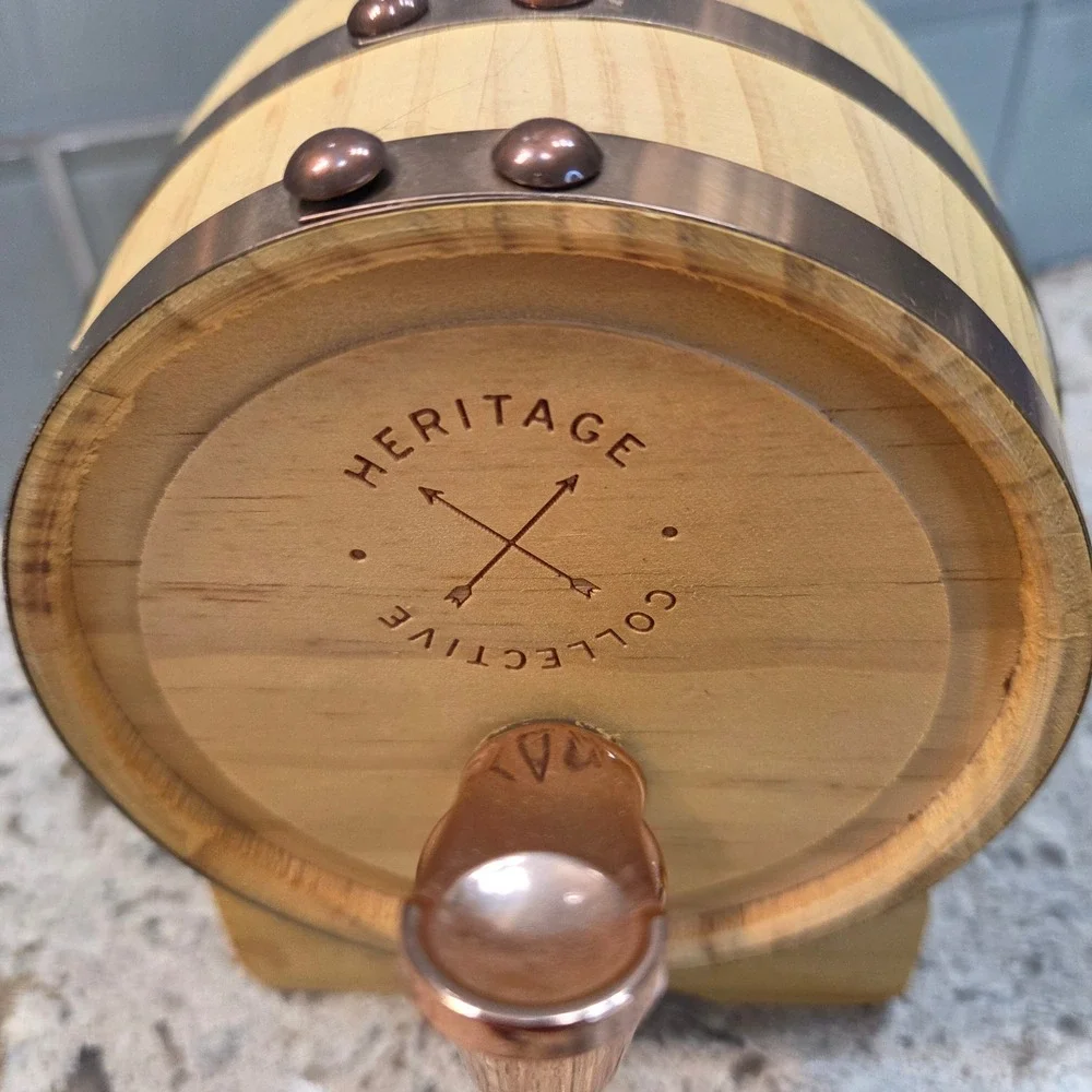 Heritage Collective Wood Whiskey Barrel Dispenser Copper Accents  UNUSED